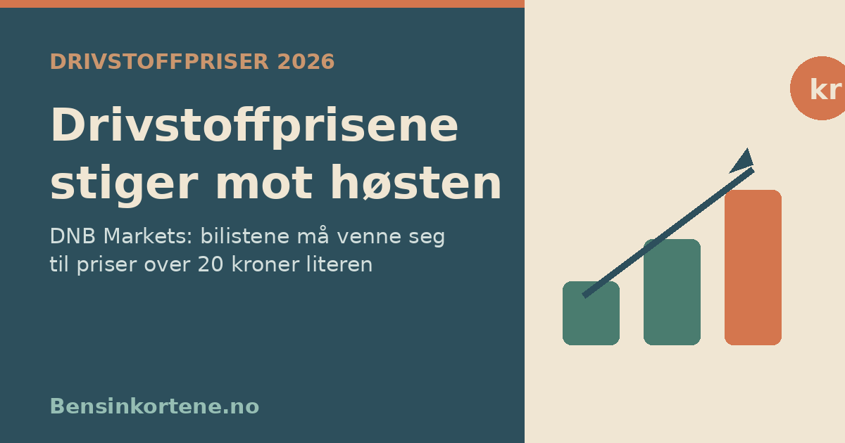 Bensinpumpe med prisskilt som peker oppover og en kalender som viser resten av sommeren, som illustrerer at drivstoffprisene stiger mot høsten 2026
