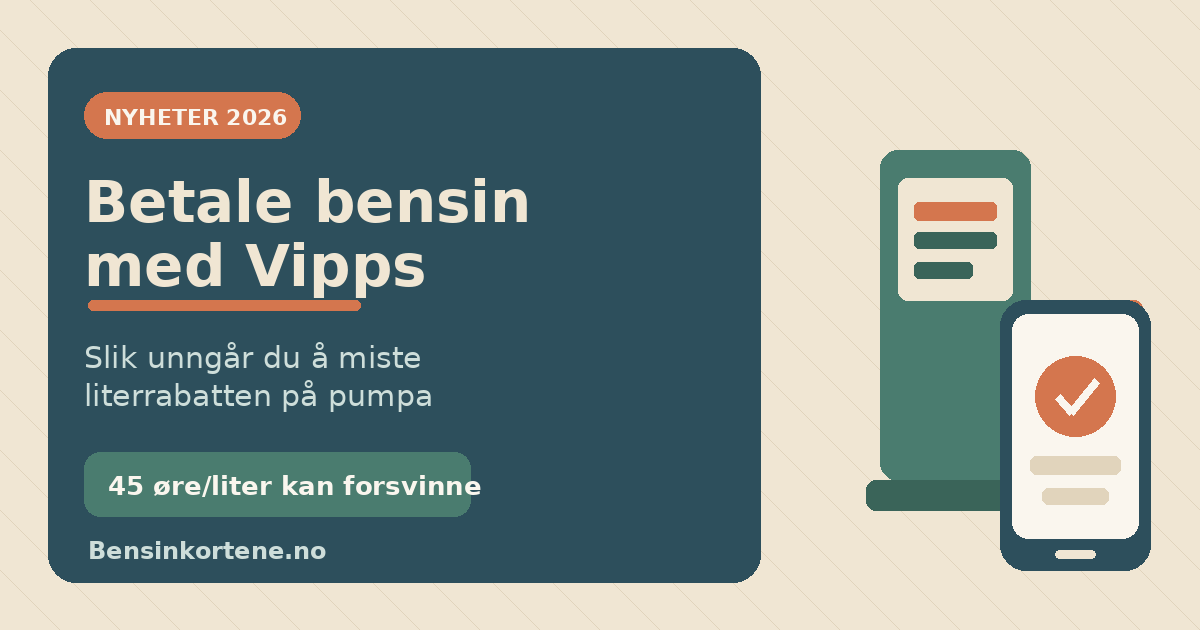 Mobiltelefon med betalingsapp foran en bensinpumpe, illustrasjon av å betale bensin med Vipps i 2026