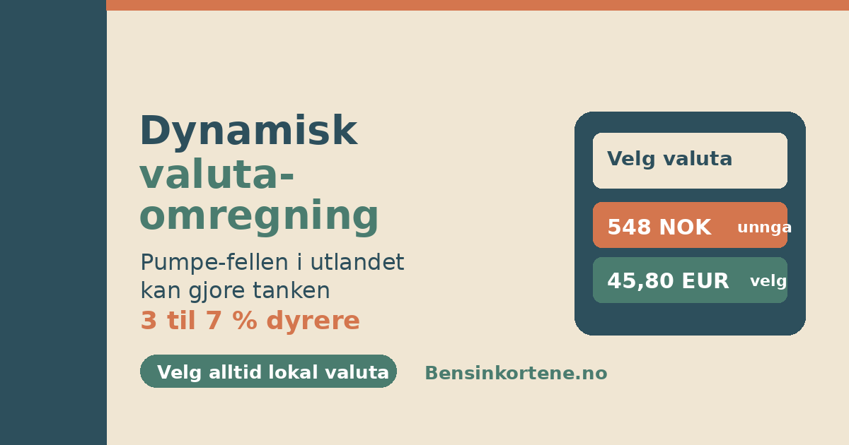 Kortterminal ved en bensinpumpe i utlandet som spør om betaling i norske kroner eller lokal valuta, i sage-grønn, terrakotta og beige, som illustrerer dynamisk valutaomregning