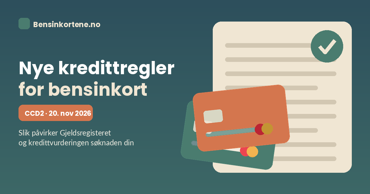 Bensinkort og en søknad med hake for godkjent kredittvurdering, i sage-grønn, terrakotta og beige